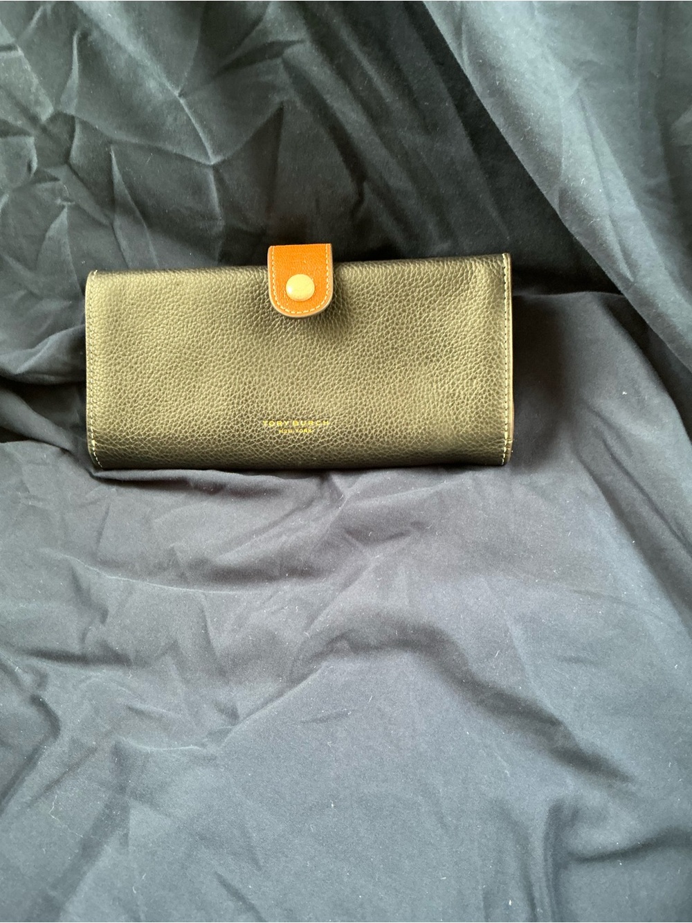 Tory Burch Black Leather Wallet with Tan Snap Tab